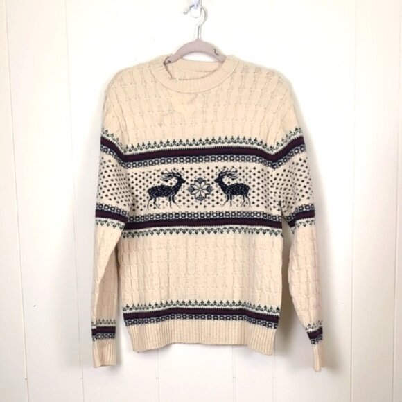 Cream Crewneck Sweater with Nordic Pattern and Cable Knit Design - Picture 1 of 4